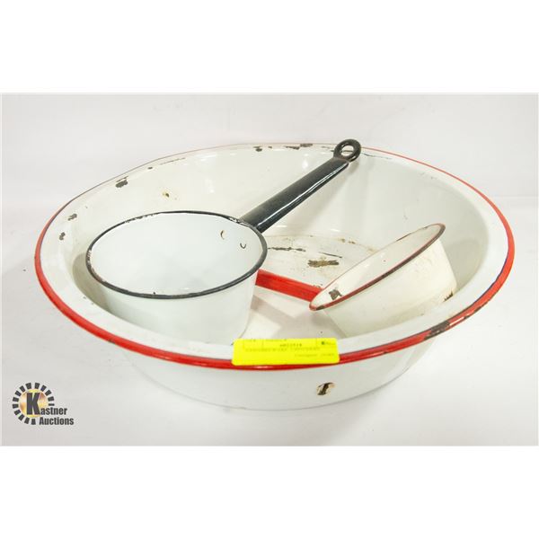 3 ENAMELWARE. 2 PITCHERS