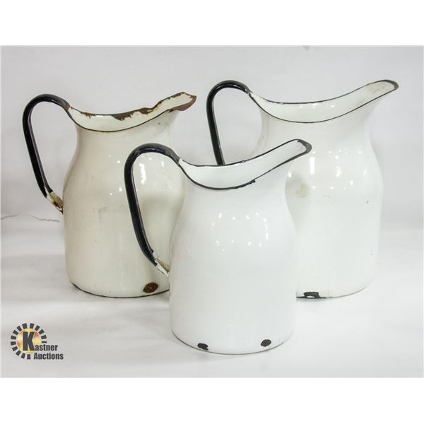 3 ENAMEL PITCHERS