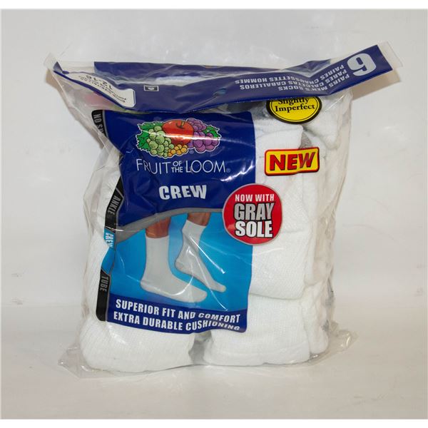 WHITE CREW SOCKS 12-16 SIZE 6-PACK FRUIT OF