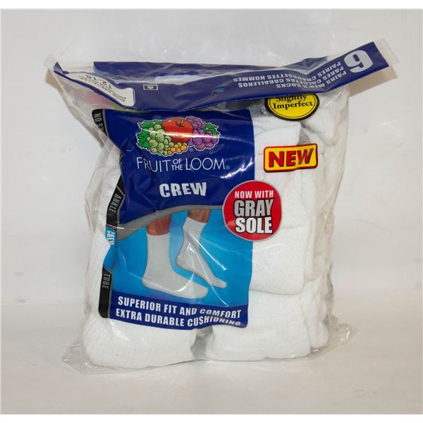 WHITE CREW SOCKS 12-16 SIZE 6-PACK FRUIT OF