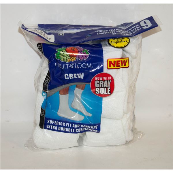 WHITE CREW SOCKS 12-16 SIZE 6-PACK FRUIT OF