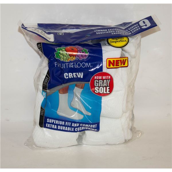 WHITE CREW SOCKS 12-16 SIZE 6-PACK FRUIT OF