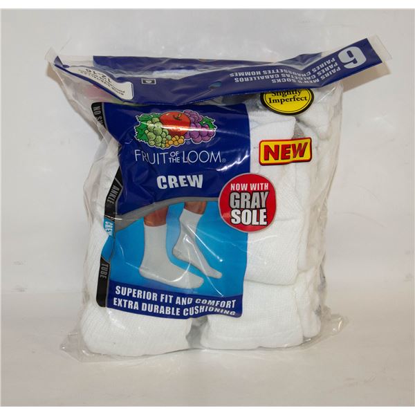 WHITE CREW SOCKS 12-16 SIZE 6-PACK FRUIT OF