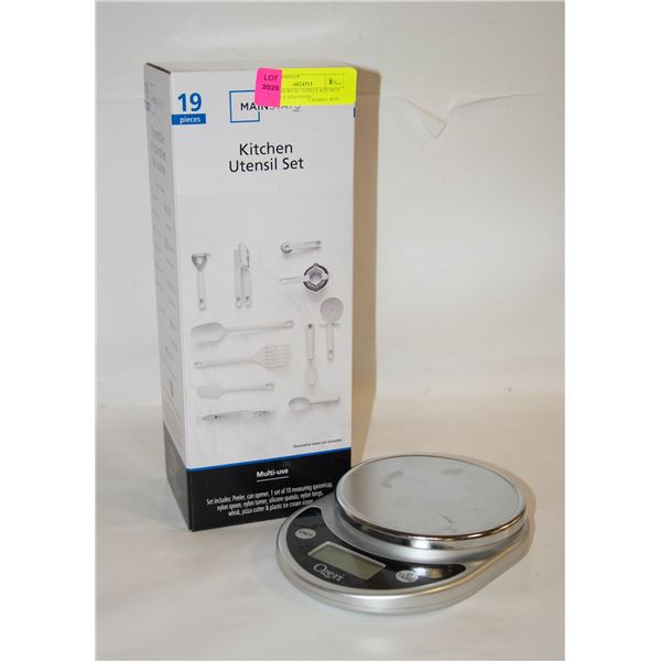 NEW BOX WITH 19 PIECE KITCHEN UTENSILS AND FOOD