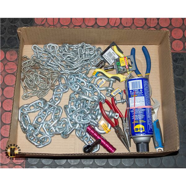 BOX WITH NEW CHAIN, HAND TOOLS,