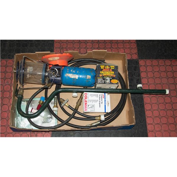 PROPANE CAMPING TREE, HOSES, SPLITTER,LANTERNS,