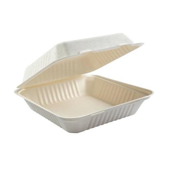 Hy-Pax Sugar Cane & Bamboo Large Clamshell 9" x 9" x 2.5"  200 COunt Microwave & Freezer Safe - Biod