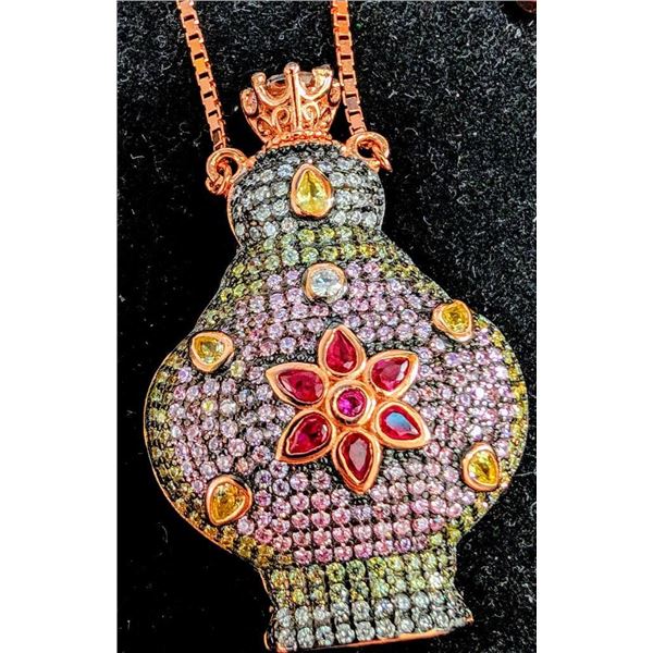 Silver 18G Perfume Bottle With Multi Color Stone Adjustable Length Necklace (~Size 0) (~length 0 inc