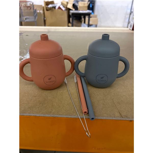 SILISMOOTH Silicone Sippy Cup with Straw and Cleaning Brush Convertible to Snack Cup (200 ml) Set of