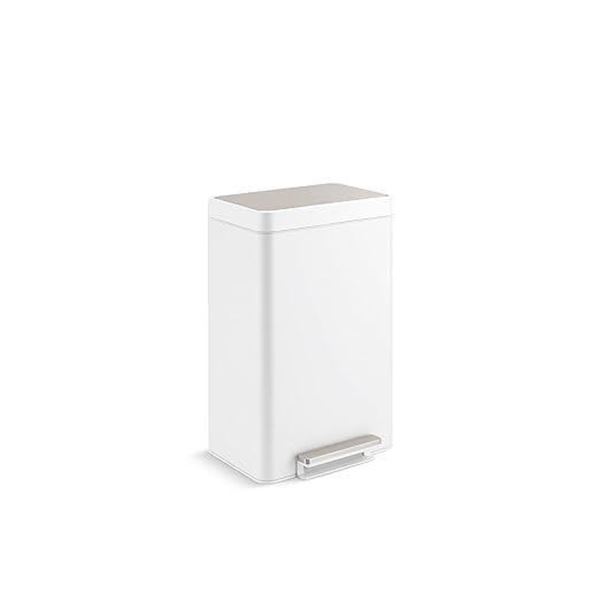 KOHLER Trash Can, Quiet-Close Lid, Trash Can with Soft-Close and Foot Pedal, Stainless and White