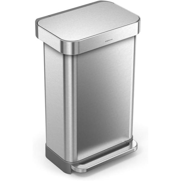 simplehuman Rectangular Hands-Free Kitchen Step Trash Can with Soft-Close Lid, Brushed Stainless Ste
