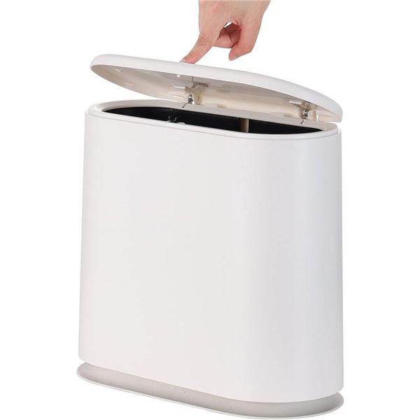 Plastic Trash Can with Press Top Lid for Bathroom White Narrow Dog Proof Garbage Can Toilet Waste Ba