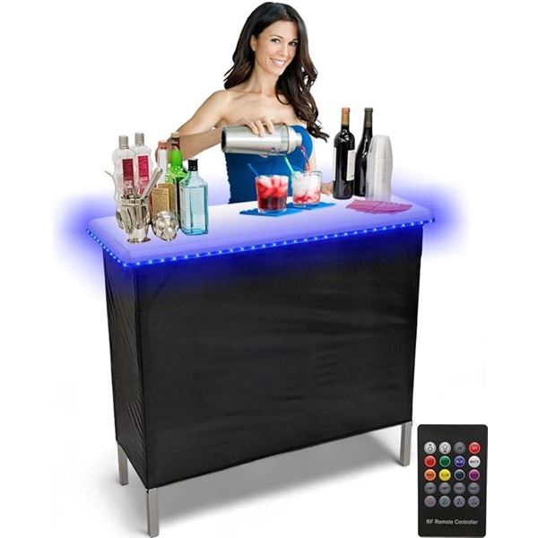 PARTYPONG Folding Portable Bar w/LED Lights, Wireless Remote, 2 Bar Skirts, Storage Shelf, & Carryin