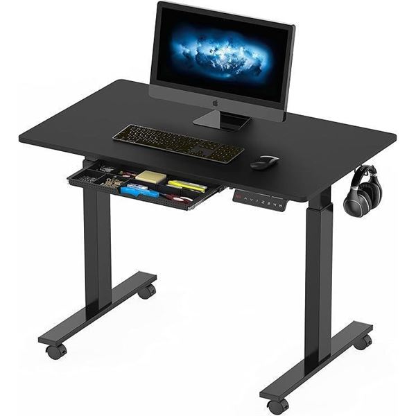 SHW 40-Inch Small Electric Height Adjustable Mobile Sit Stand Desk with Drawer, Hanging Hooks and Ca