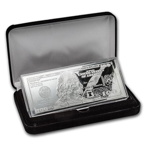 4 oz Silver Bar - 2016 $100 Bill (w/Box & COA) .999 Pure Silver