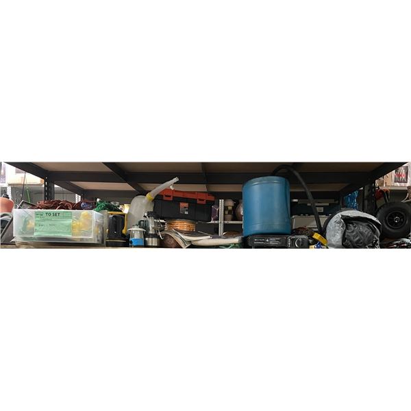 Shelf lot of Misc Camping Gear Including - Lantern, Rope, Tool Box, Single Burner Gas Stove, Pulleys