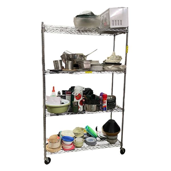 4 Shelves of Misc Including - Microwave, Bowls, Plates, Kitchenware, Pans, Thermo Jug, Etc.