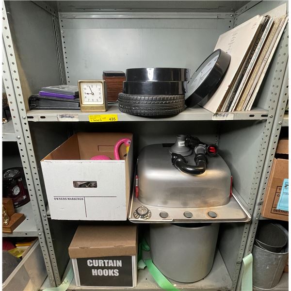 3 Shelves - Clocks, undermount sink, photo album, vinyl records, planter pot, etc.