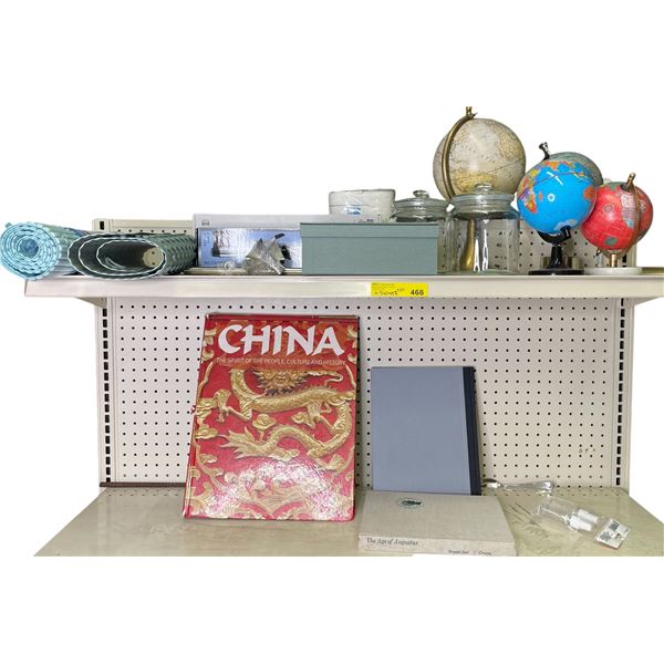 2 Shelves - Conair curling iron, glass jars, globes, towel rack, bath mat, misc. books