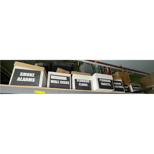 Shelf lot - Set dec smoke alarms, wall signs, plumbing flanges, faucets, connectors, etc.