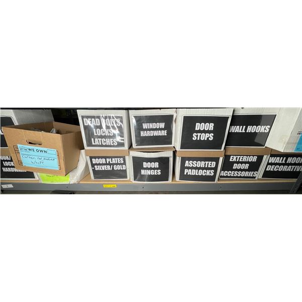 Shelf lot - Set dec mail slots, dead locks, door stops, padlocks, wall hooks, etc.