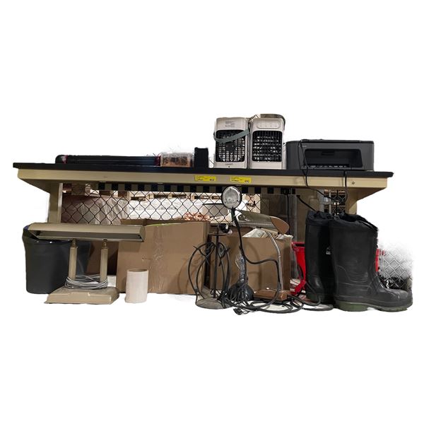 Contents on workbench - Insulated rubber boots, garden hose, printer, cooling fans, desk light, etc.
