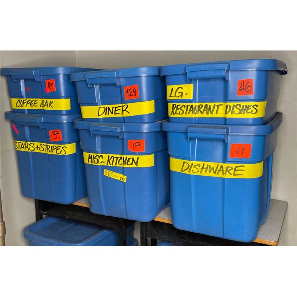 6 Bins - Set dec diner, dishware, dishes, kitchen items, coffee, "Stars & stripes", etc.