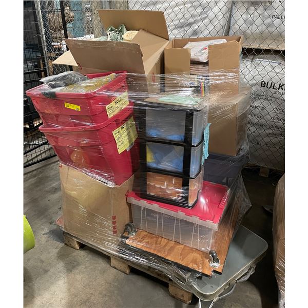 Pallet - Misc. set dec including briquettes, clothing, plastic organizers, folding table, 4 wheeled
