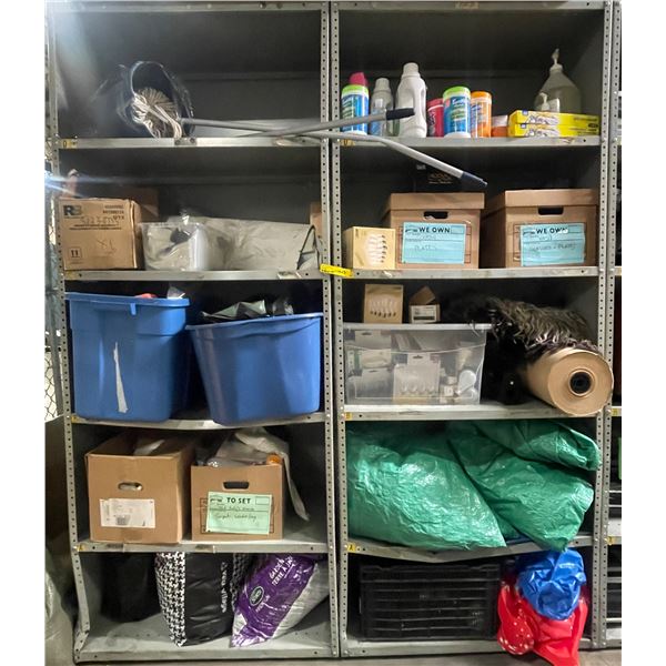 10 Shelves of Misc Including - Plates, Glasses, Cleaners, Carpet Underlay, Mop & Bucket, Boots, Ligh