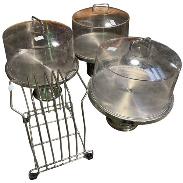 Group of 3 stainless steel cake stands with lids & dish rack