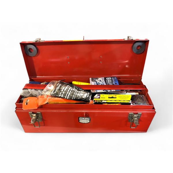 Tool box containing misc. tools such as Allen keys, pliers, hammers, hardware, hacksaw, screwdrivers
