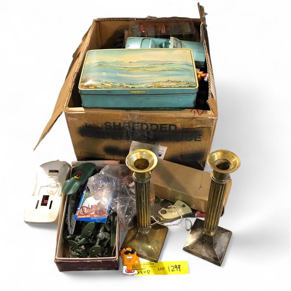 Group - Vintage toys including train tracks, cars, cap gun, GI Joes, candle holders, etc.