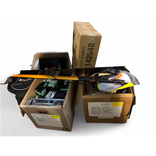 Misc. lot containing computer, cassettes, branch trimmer, sports storage bag, Christmas decorations,