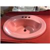 Image 2 : Vintage pink painted bathroom vanity cabinet on wheels with 2 sinks - approx. 62in x 22in x 40in hei