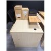 Image 2 : 3pc office furniture & misc. - Desk (5ft length x 30in depth x 29 1/2in height)/ chair/ monitor stan