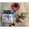 Image 2 : Shelf lot containing misc. pottery, measuring wheel (Meters) and Sears Craftsman power drill