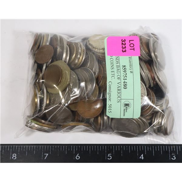 2.5 POUNDS BAG OF VARIOUS WORLD COINS ETC.