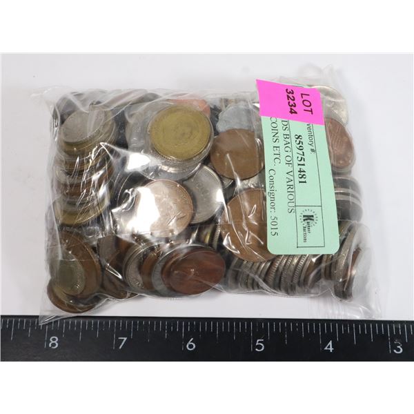 2.5 POUNDS BAG OF VARIOUS WORLD COINS ETC.
