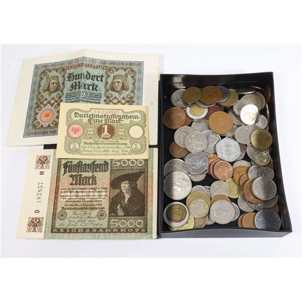 CONTAINER OF VARIOUS WORLD COINS AND BANKNOTES