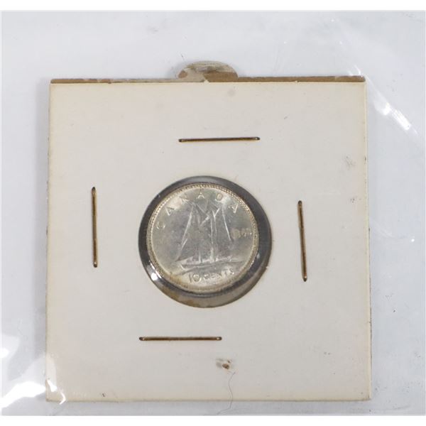 1943 SILVER CANADA 10 CENTS COIN, AU CONDITION