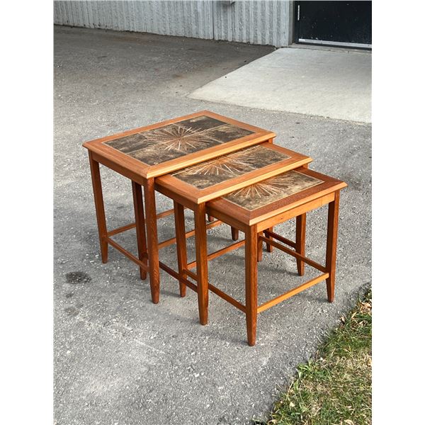 Danish Teak & Tile Nesting Side Tables - Largest approx: 21.75x15.5" & 19"T