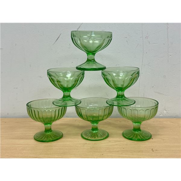 Mixed Lot of 6 Green Depression Glass Desert Dishes - a couple have small chips, tallest 3"