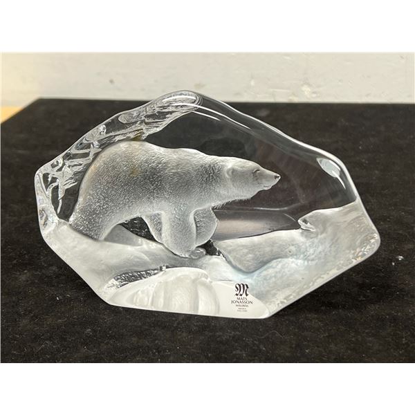 Signed Mats Jonasson Polar Bear Art Glass Paperweight - Approx: 6"W 3.75"T