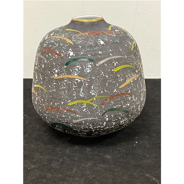 Signed Mid Century Abstract Textured Art Pottery Vase - Approx: 7"W 7"T - see all photos