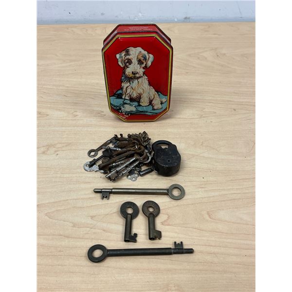 Vintage Key Lot in old Blue Bird Toffee Tin - see all photos