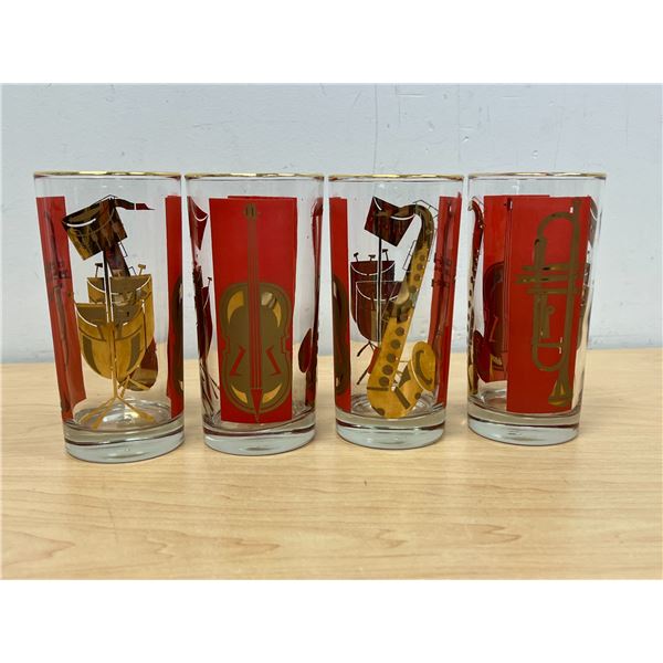 4 Vintage Jazz Musical Theme Glasses 5.5"