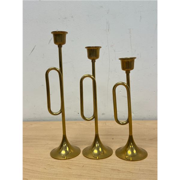 3 Brass Trumpet Style Candle Holders - tallest approx: 9"