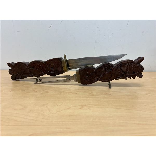 Nesting Wood Carved / Brass Dragon Handled Fork Knife Carving set India
