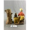 Image 2 : 2 Vintage Figurines - School Teacher Drinking Tea, Japan, Signed 7" H & 6.5" H Bud Vase w/ Boy Infro
