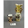 Image 1 : 2 Decorative Pieces - 8.5" H Yellow Bud Vase Made In Japan & 3.5" H Gold/Blue/Beige Small Vessel